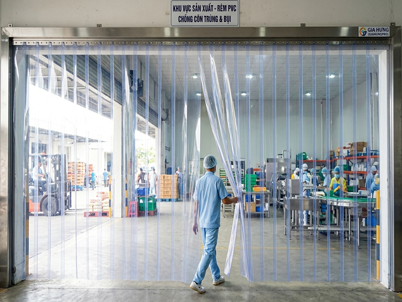 Rèm nhựa PVC trong suốt lắp đặt tại khu vực nhà kho, xướng sản xuất