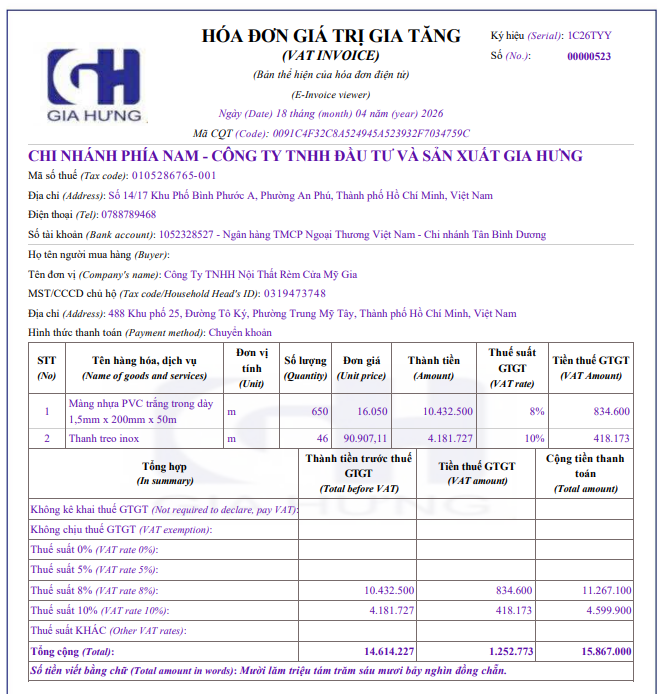 Gia Hưng cung cấp đầy đủ hoá đơn chứng từ, xuất xứ hàng hoá